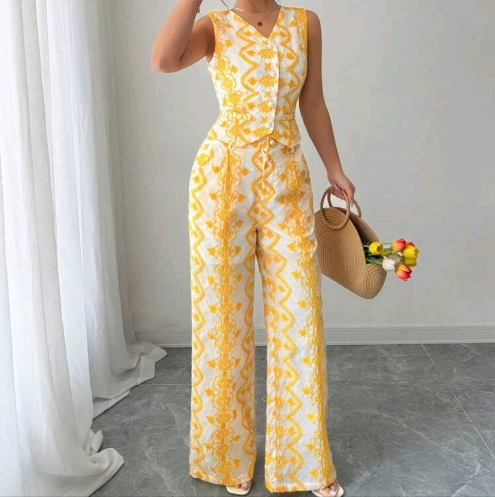 2pcs/Set Vacation Casual Embroidery V-Neck Vest And High Waist Wide Leg Pants - Picture 3 of 5